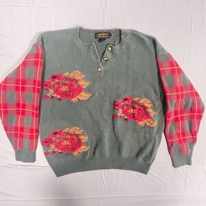 Vintage Eddie Bauer Sweater Womens Large Gray Red Plaid Fall Christmas Henley